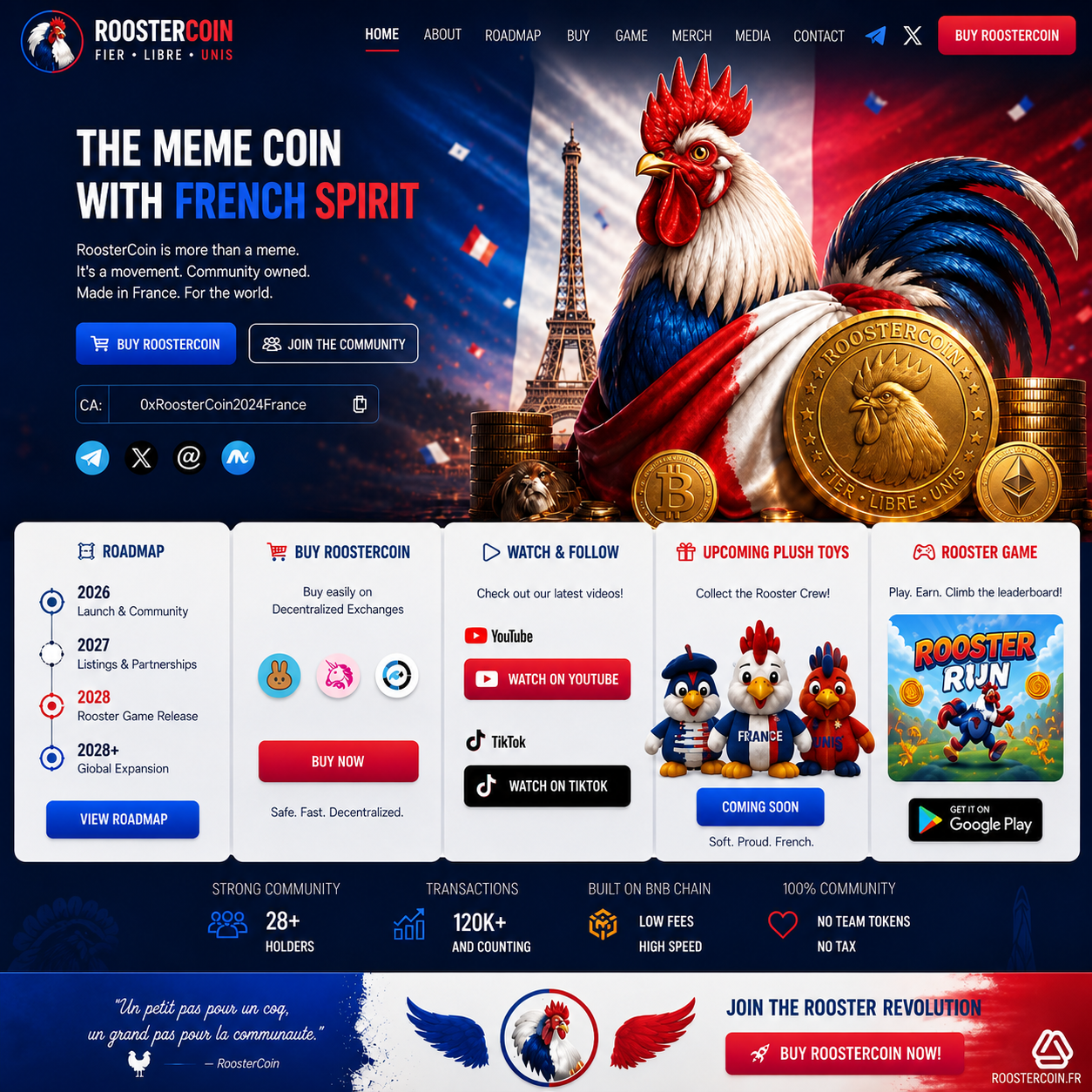 Aperçu du site web officiel de RoosterCoin, le meme coin au fort esprit français avec sa roadmap et ses liens d'achat sur BNB Chain.